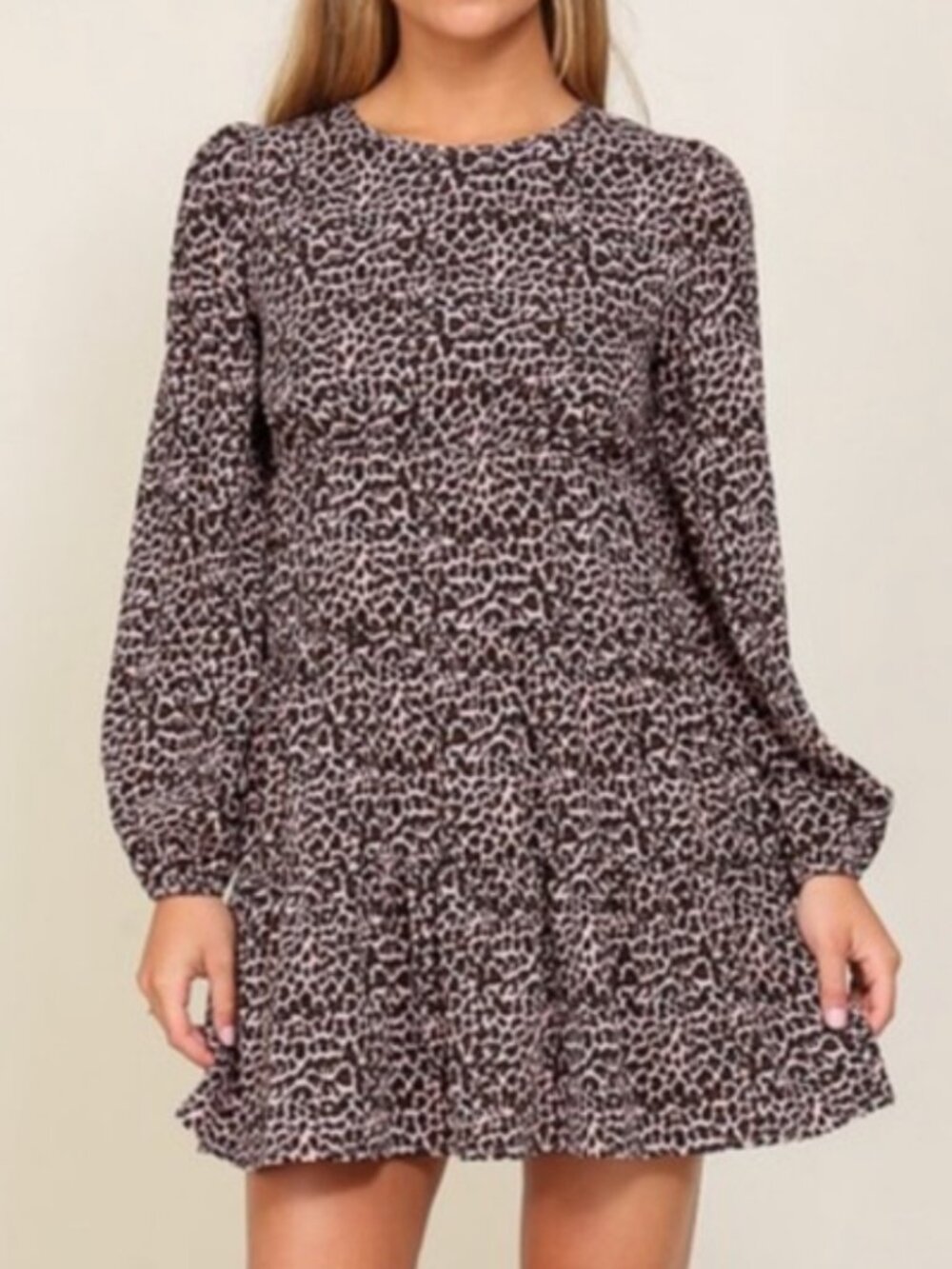 Lumiere NWT Leopard Print Black Brown Pink Long Sleeve Tiered Mini Dress Small